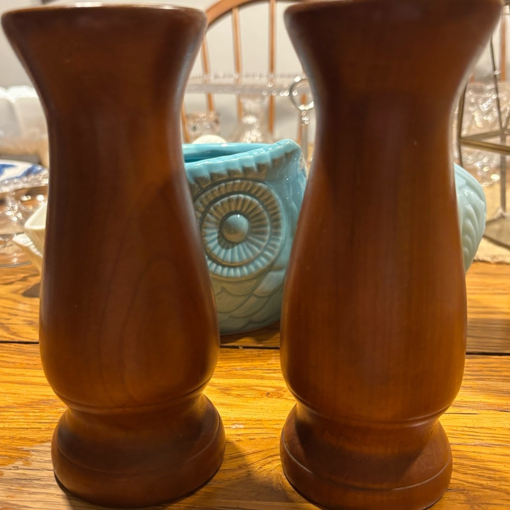 MCM Pair of Hand Turned Maple or Cherry Wood Pillar Candleholders